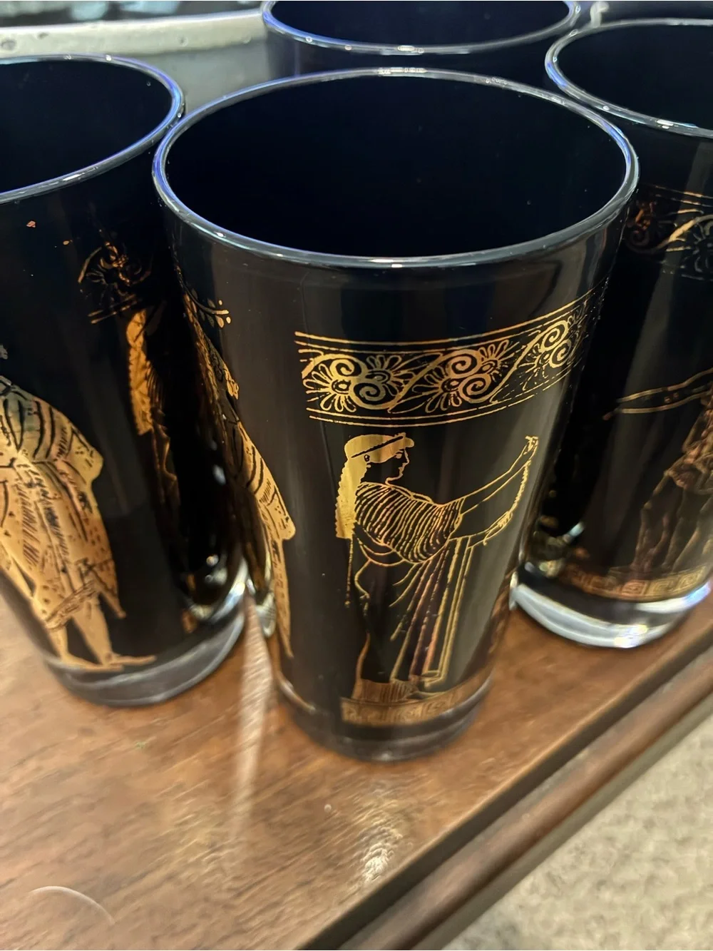 Egyptian Revival High Ball Black Gold Greek Motif Glass Tumblers - Set of 4 FAB!